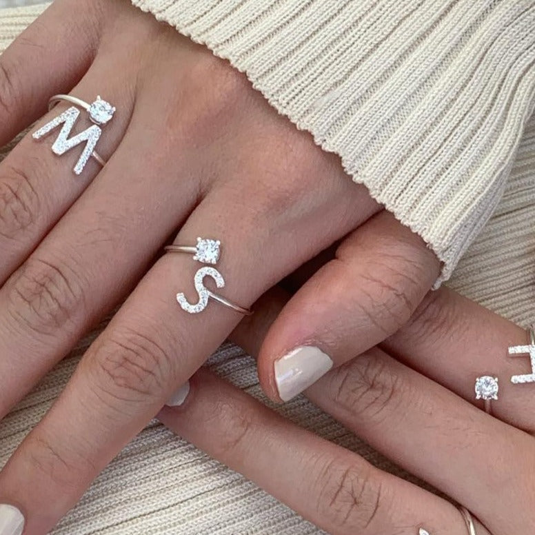 Zirkonia Buchstabe Sterling Silber Ring