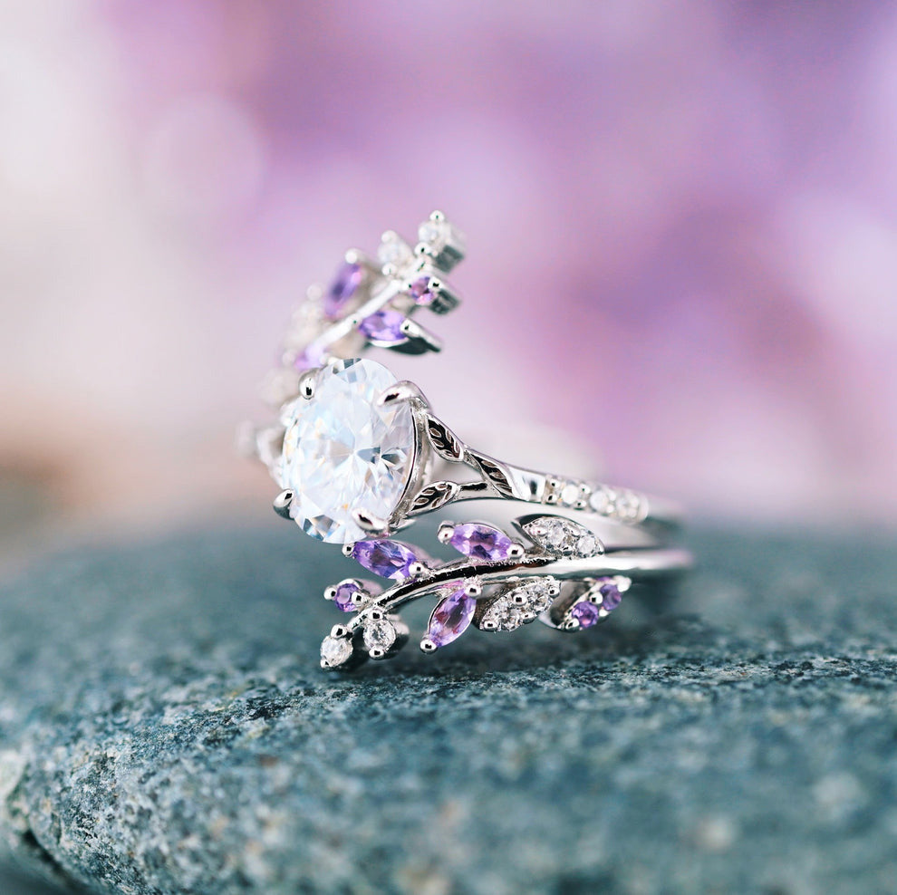Elfen-inspiriertes Amethyst- & Diamant-Blatt-Verlobungsring-Set – 925er Sterlingsilber