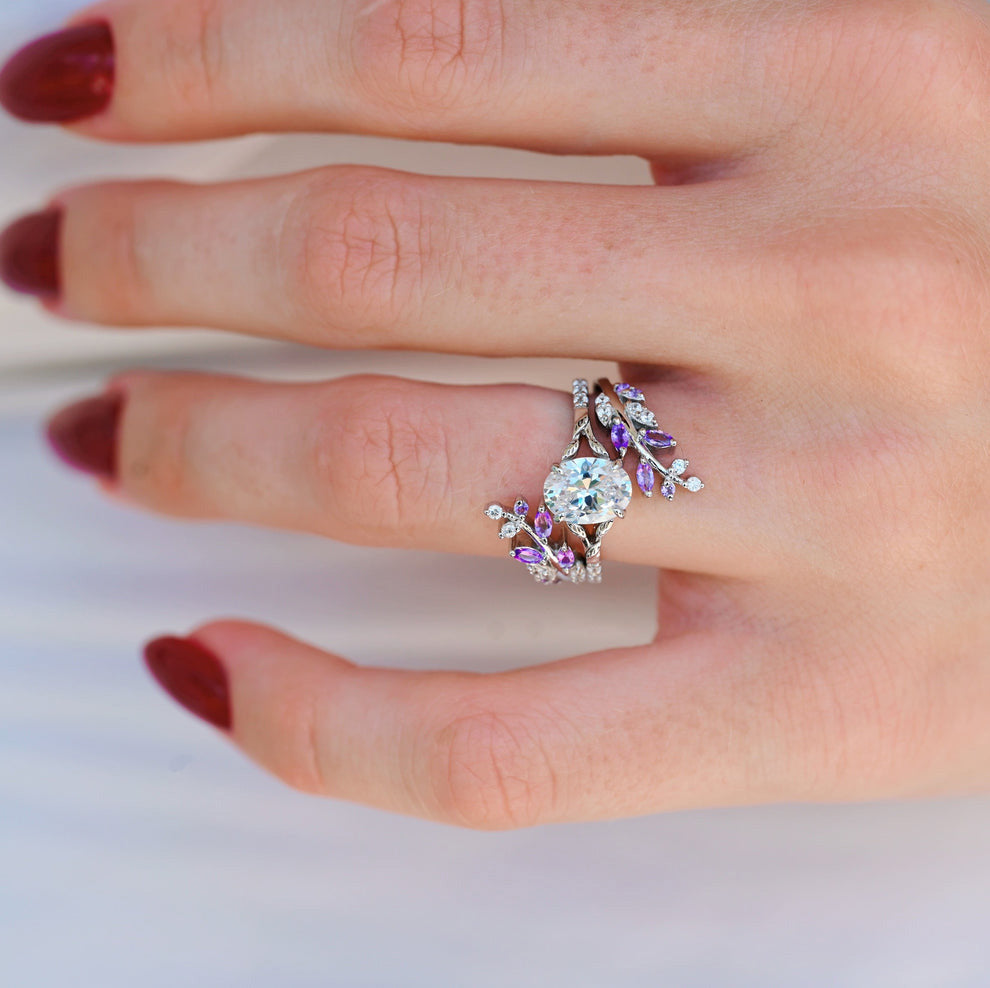 Elfen-inspiriertes Amethyst- & Diamant-Blatt-Verlobungsring-Set – 925er Sterlingsilber