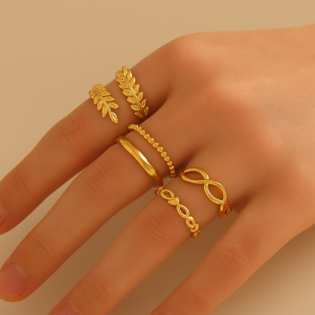 4-teiliges Minimalistisches Blatt- & Geometrisches Offenes Ringset
