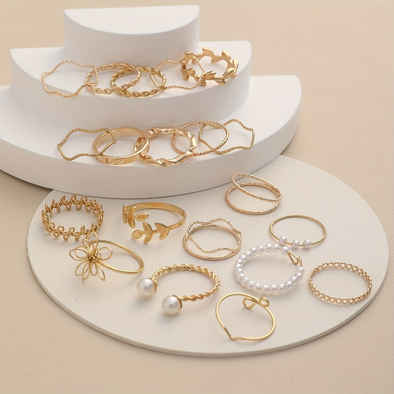 22pcs Mode Blatt, Blume & Faux Perle Ring Set
