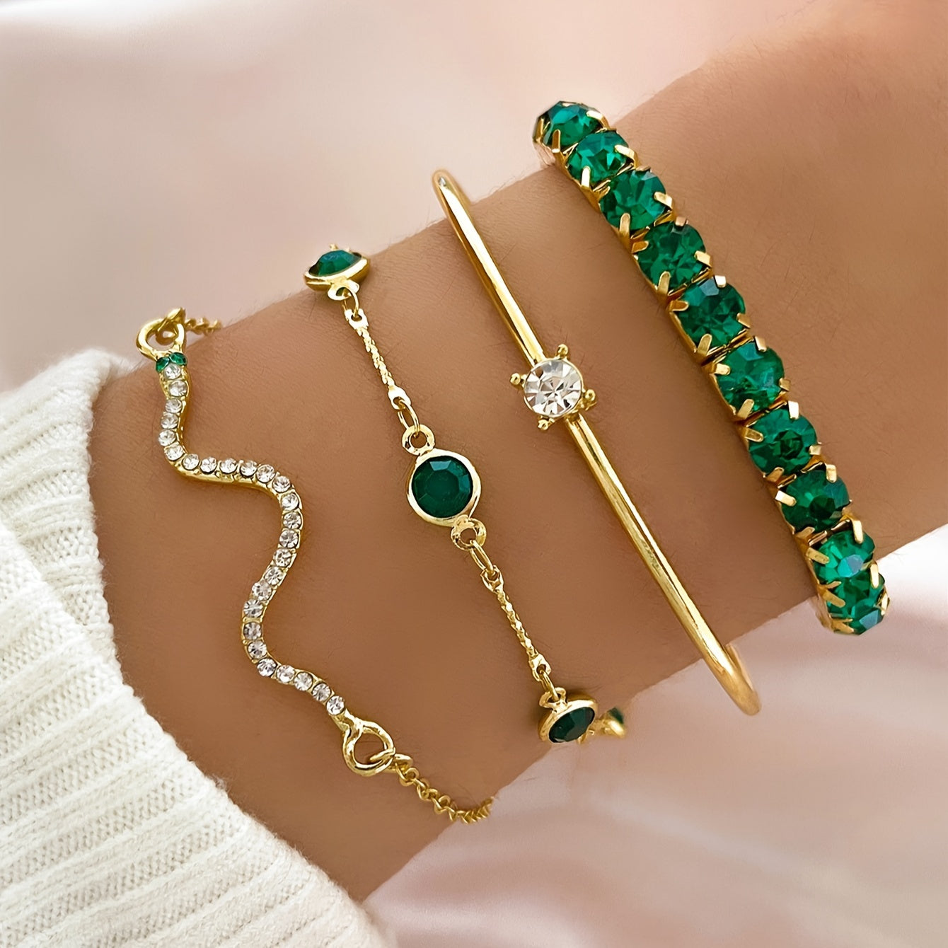Elegantes Grünes Edelstein & Strass Schlange Kette Armband Set