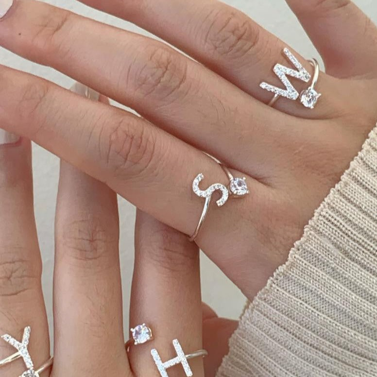 Zirkonia Buchstabe Sterling Silber Ring