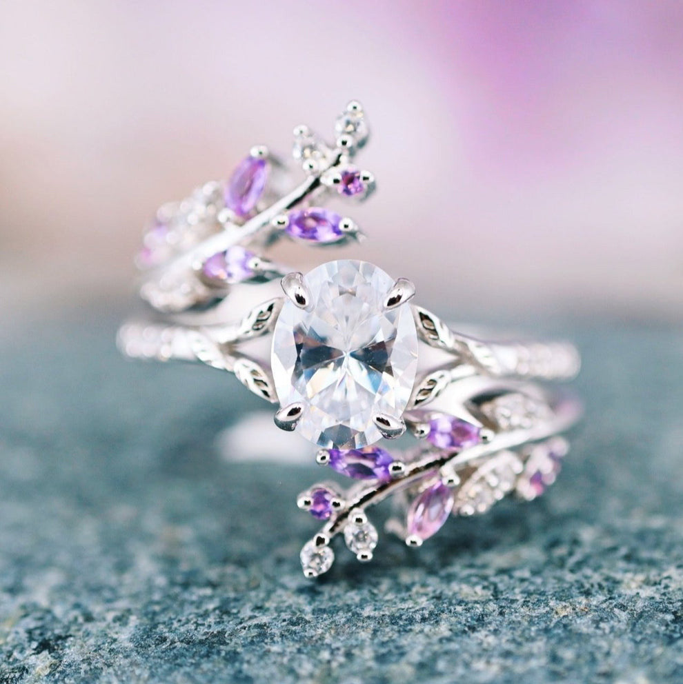 Elfen-inspiriertes Amethyst- & Diamant-Blatt-Verlobungsring-Set – 925er Sterlingsilber