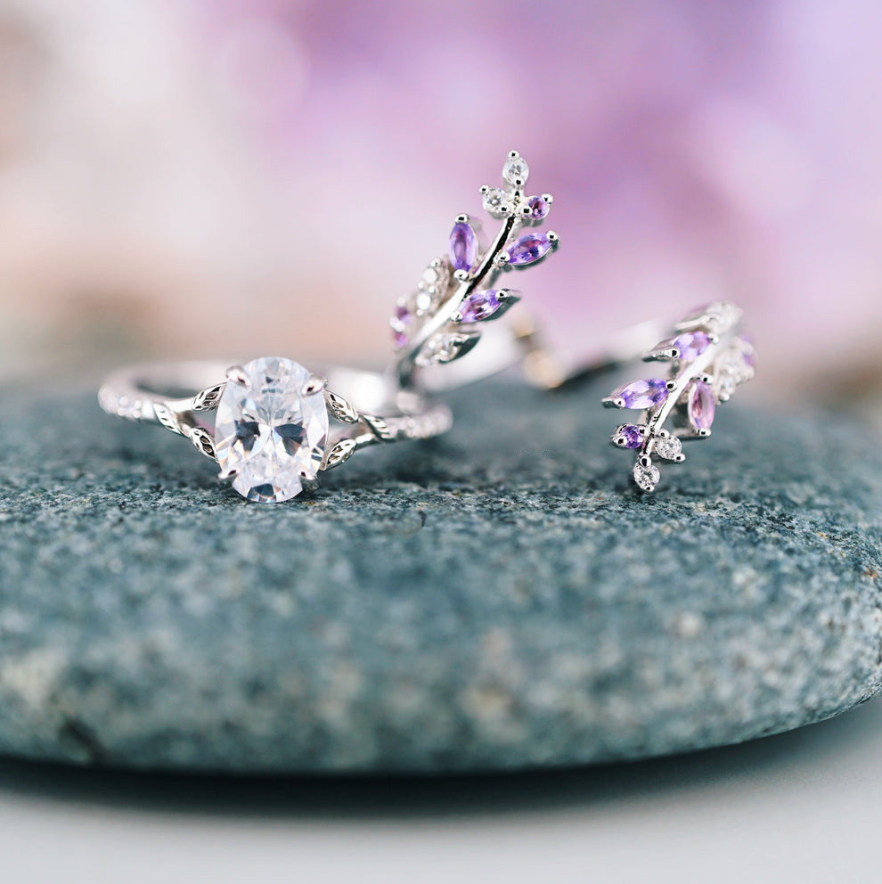 Elfen-inspiriertes Amethyst- & Diamant-Blatt-Verlobungsring-Set – 925er Sterlingsilber