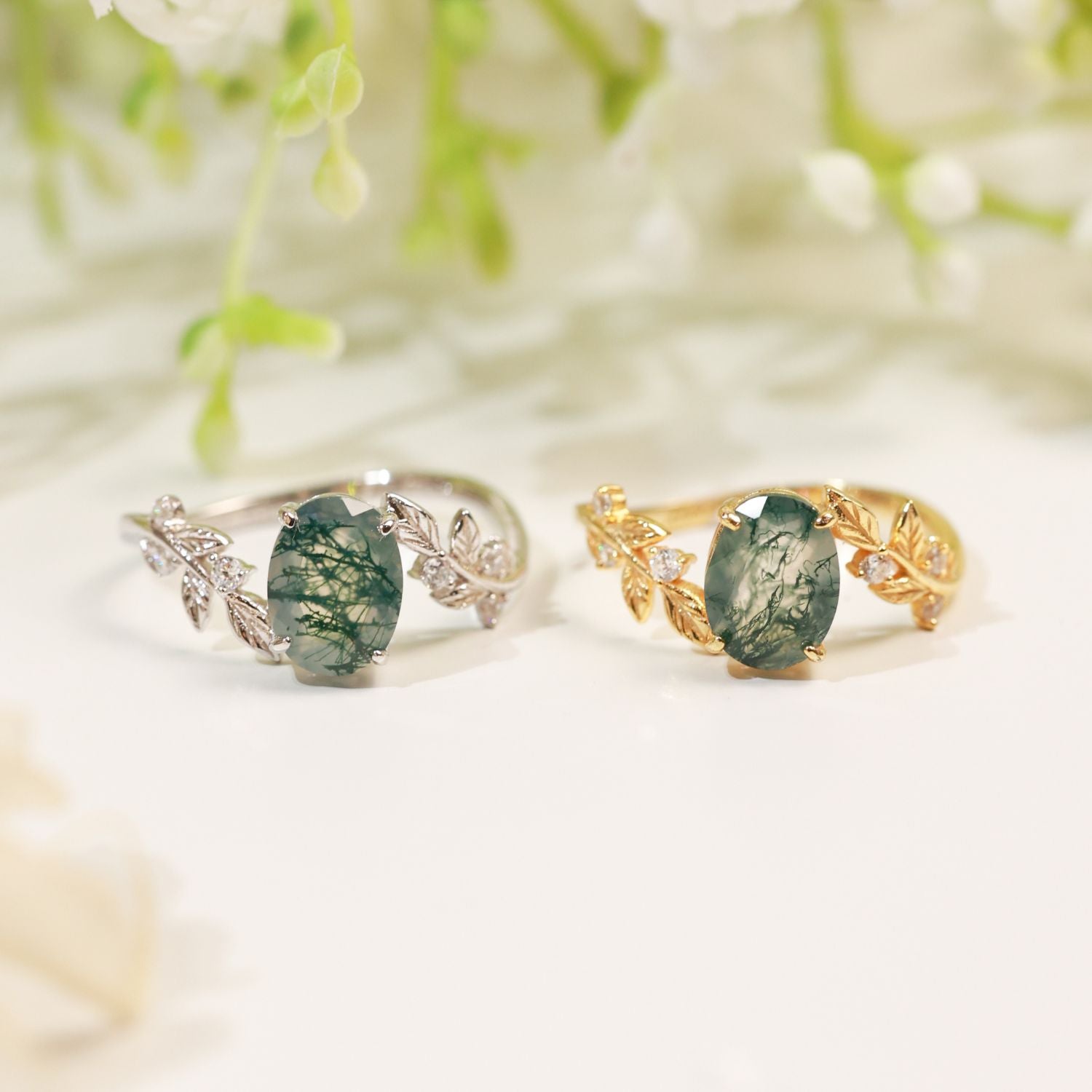 Natürlicher Moosachat-Ring – Design „Zwischen den Blättern“