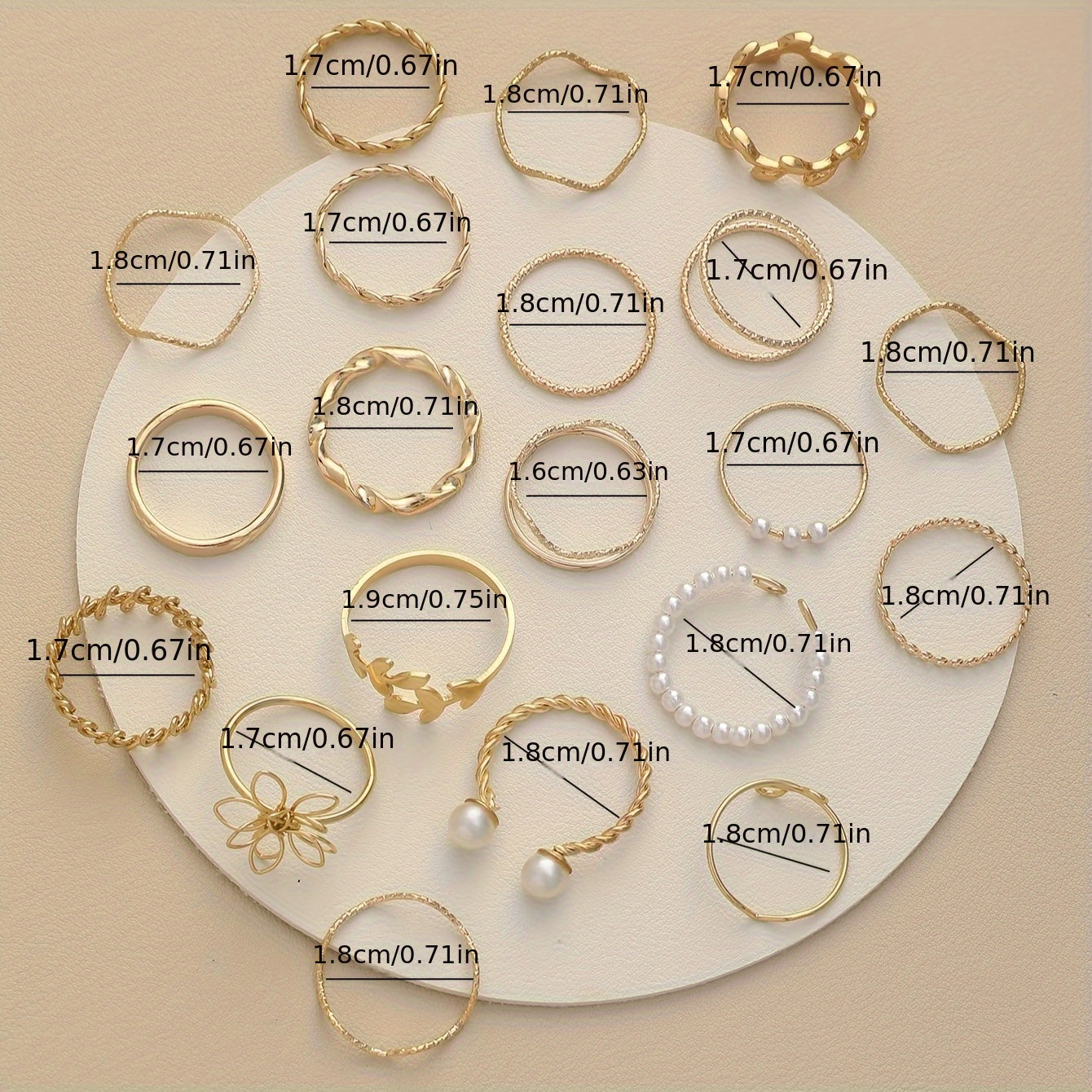 22pcs Mode Blatt, Blume & Faux Perle Ring Set