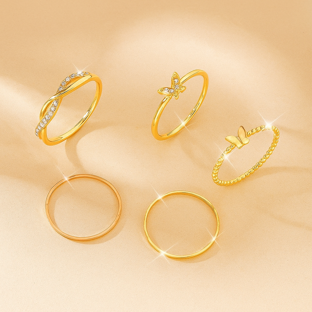 5tlg. elegantes Gold-Ton-Ring-Set - Schmetterling, gedreht & Strass-Designs