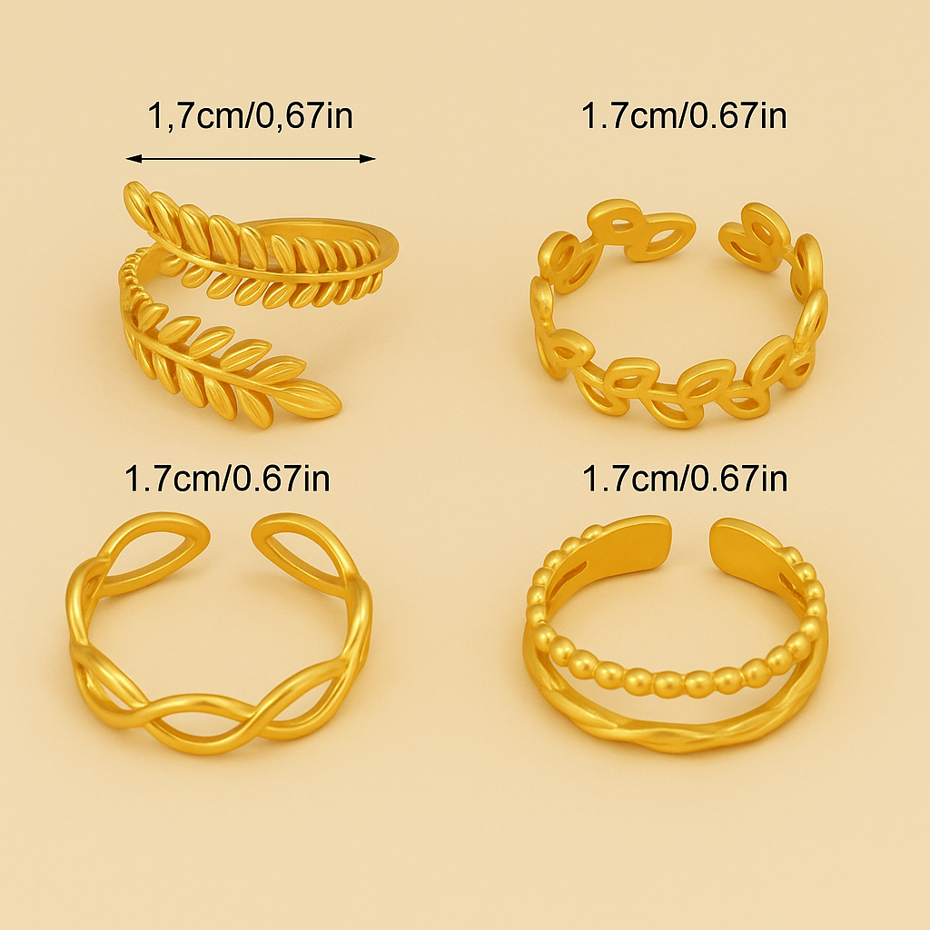 4-teiliges Minimalistisches Blatt- & Geometrisches Offenes Ringset
