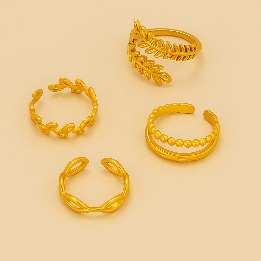 4-teiliges Minimalistisches Blatt- & Geometrisches Offenes Ringset