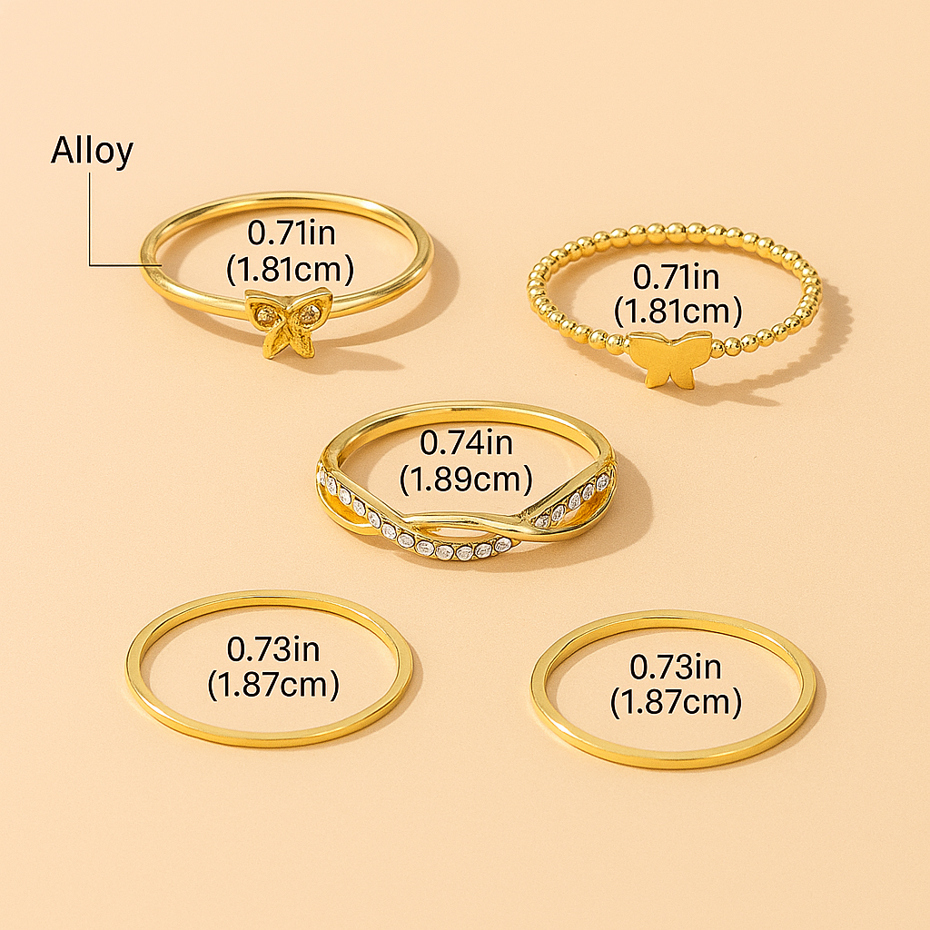 5tlg. elegantes Gold-Ton-Ring-Set - Schmetterling, gedreht & Strass-Designs