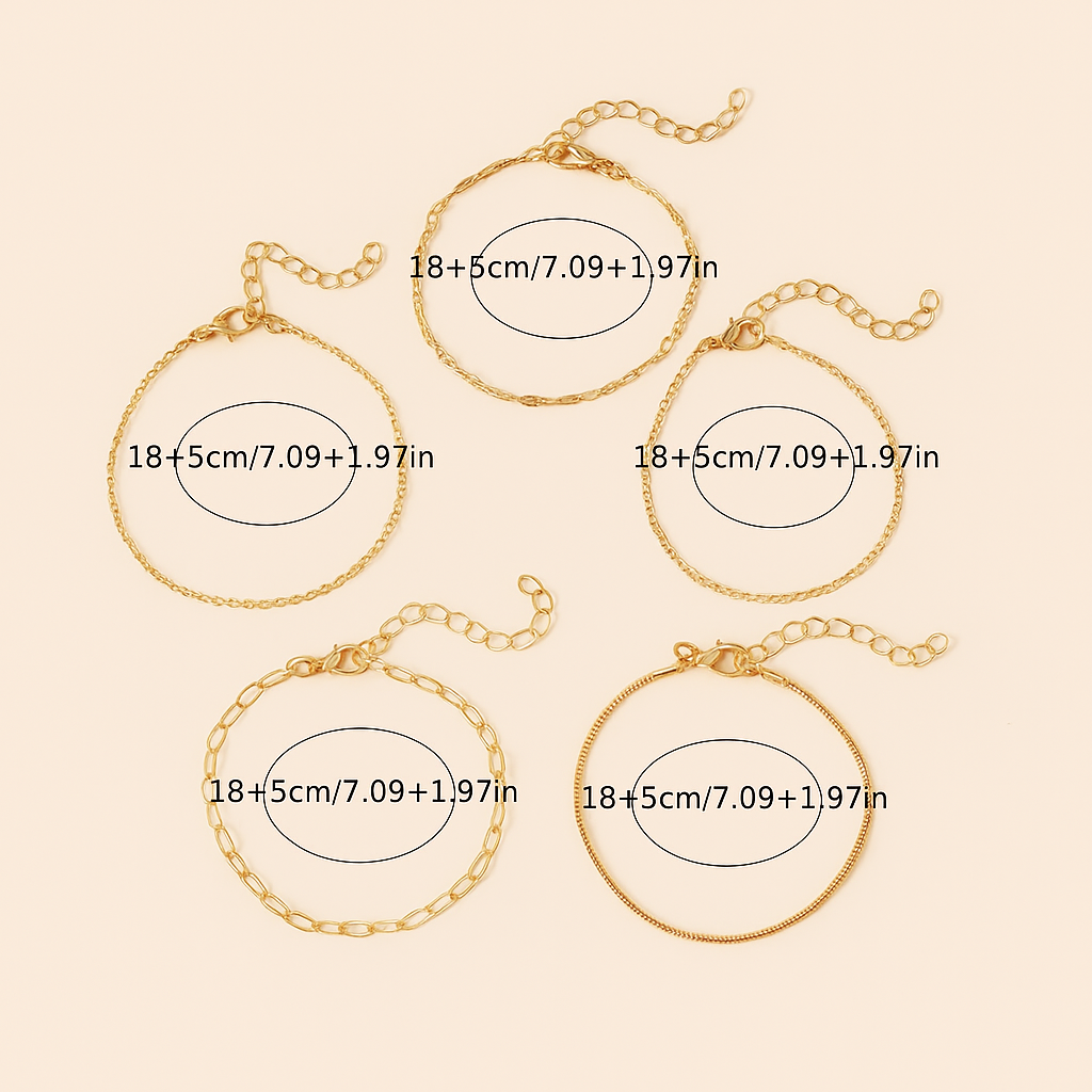Elegantes & schickes 5-teiliges goldfarbenes dünnes Kettenarmband-Set