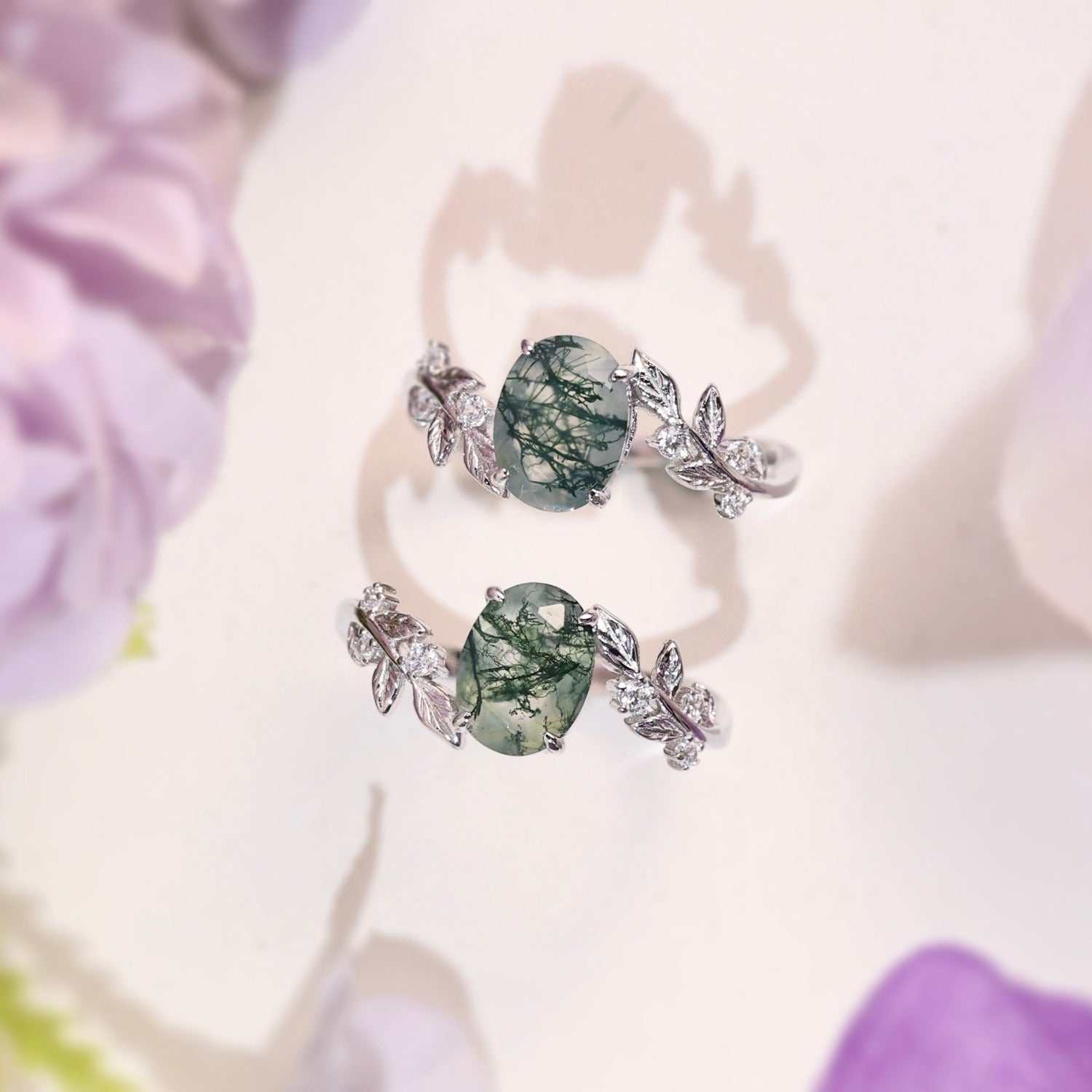 Natürlicher Moosachat-Ring – Design „Zwischen den Blättern“