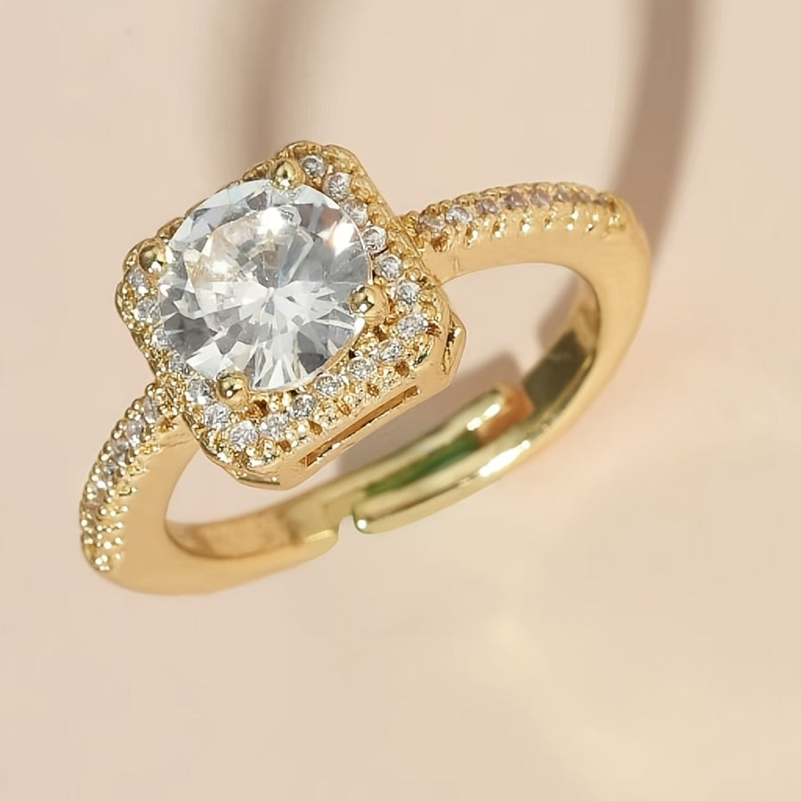 Eleganter Verstellbarer Quadratischer Ring mit Weißgold-Beschichtung und Synthetischem Zirkonia