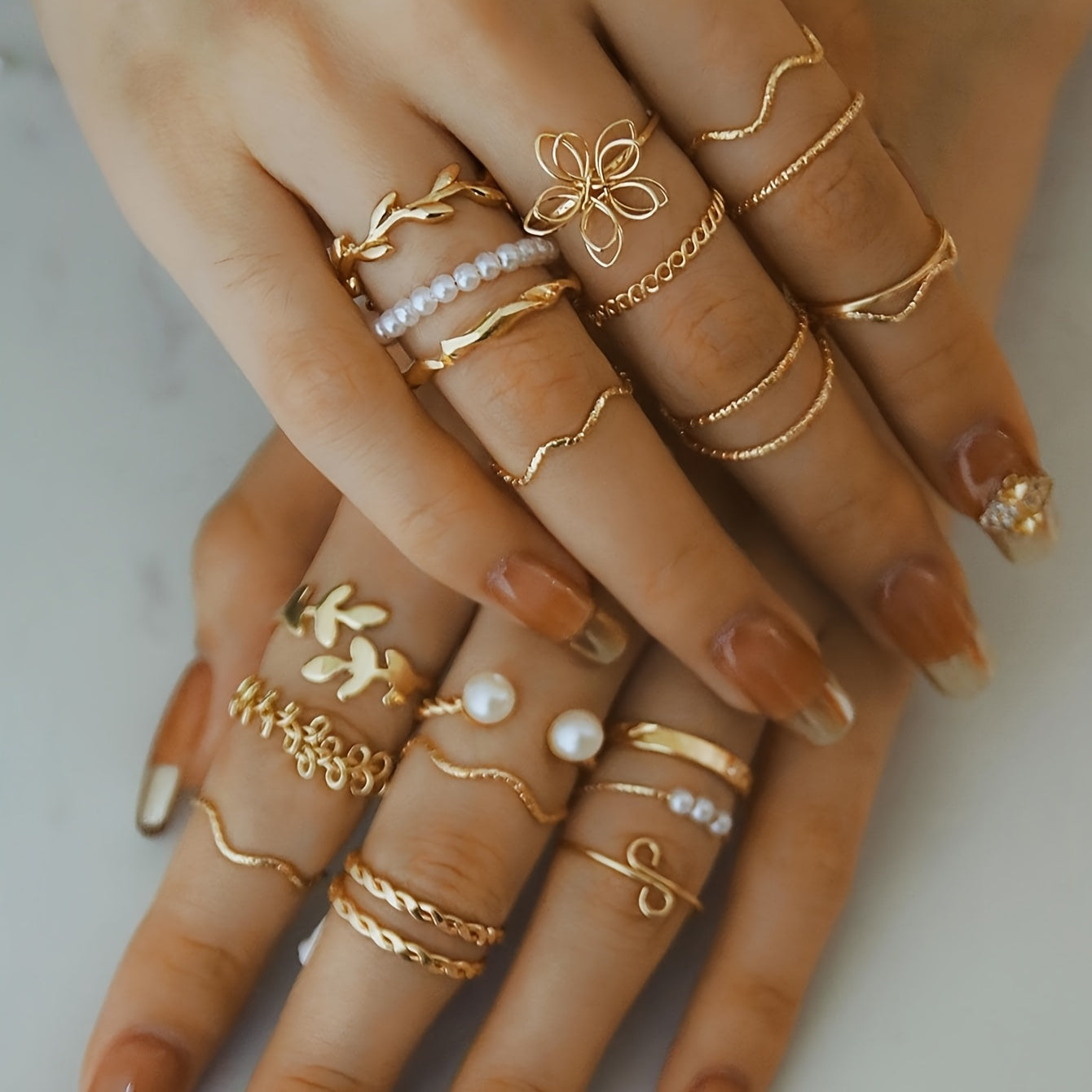 22pcs Mode Blatt, Blume & Faux Perle Ring Set